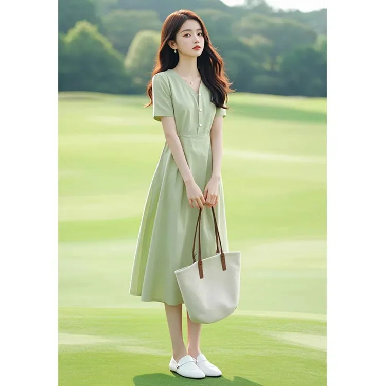 Ele een Cotton Lin Dr V-Ne High Waist A-Line Summer Dr Beach Vaion ort Sve Zipper Closure Mid-Length