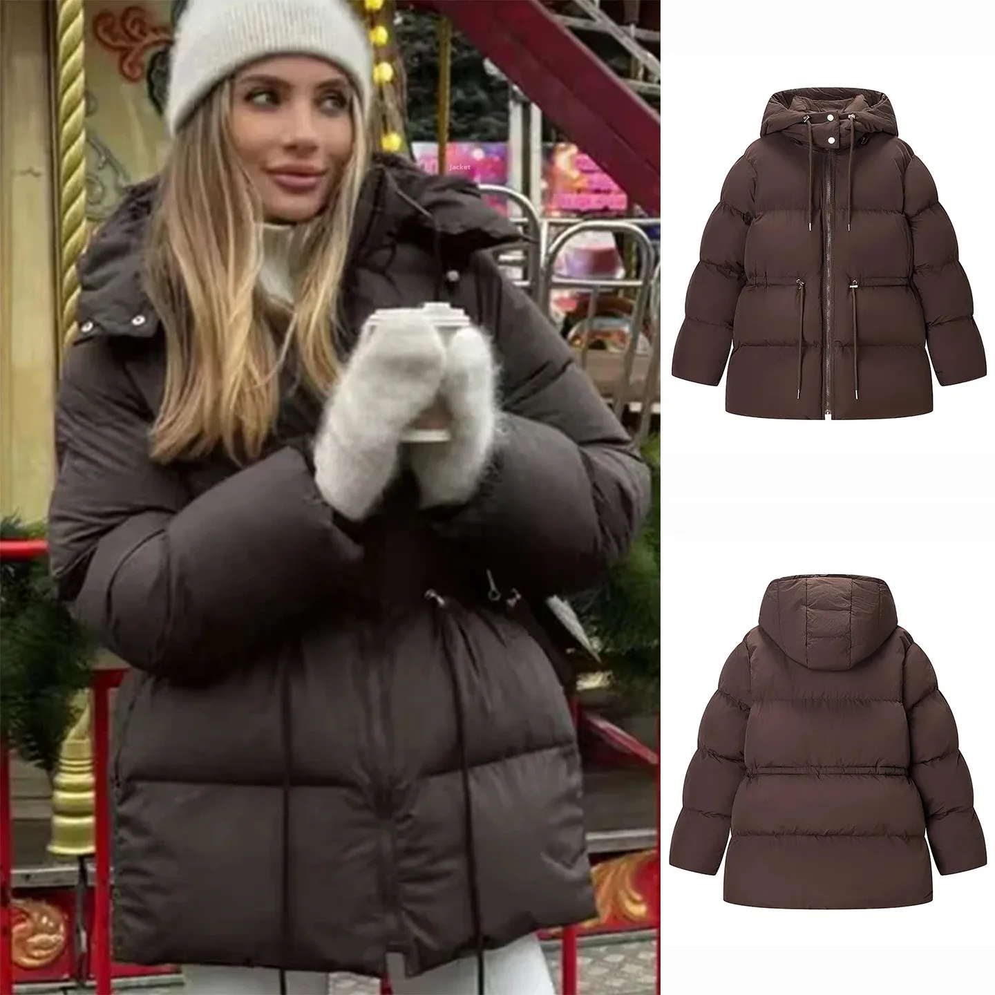 

Новая зимняя женская куртка-пуховик с воротником-стойкой, капюшоном, молнией на талии и утеплением из хлопка