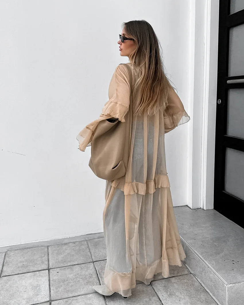Khaki autumn and winter new ruffle edge dress 2024 European and American fashion sunscreen cover
