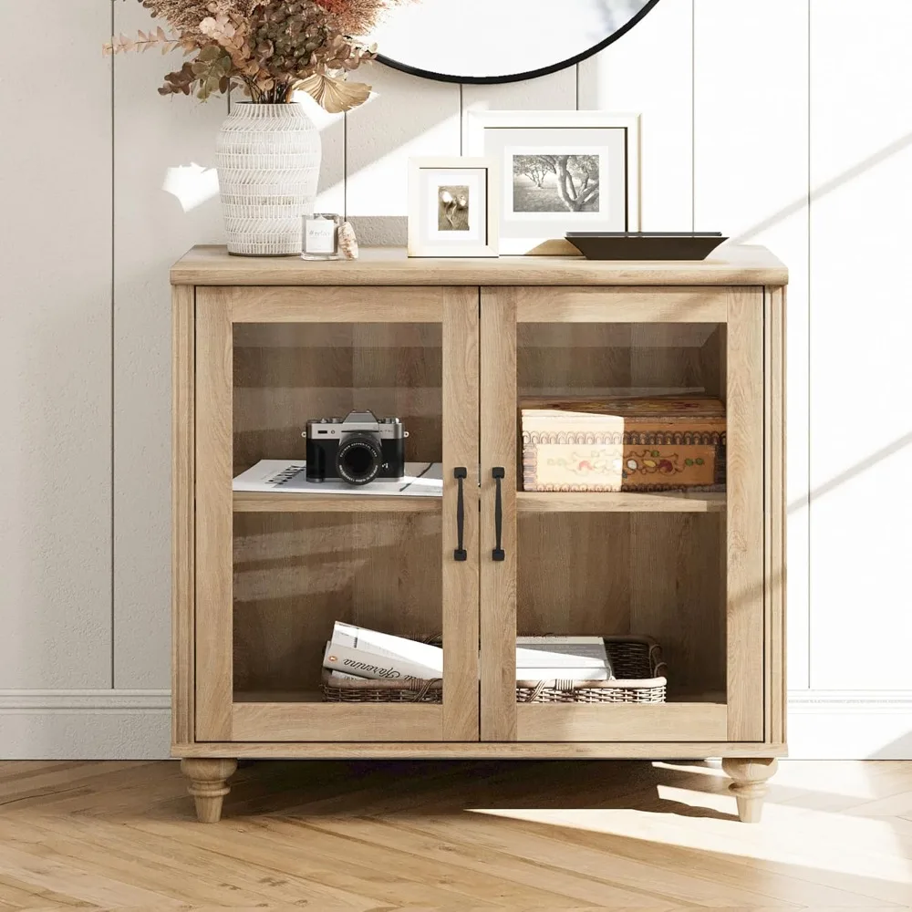 

Farmhouse-style TV Stand, Suitable for TVs 43 Inches and Under, Universal Glass and Wood TV Stand with 2 Storage Cabinets