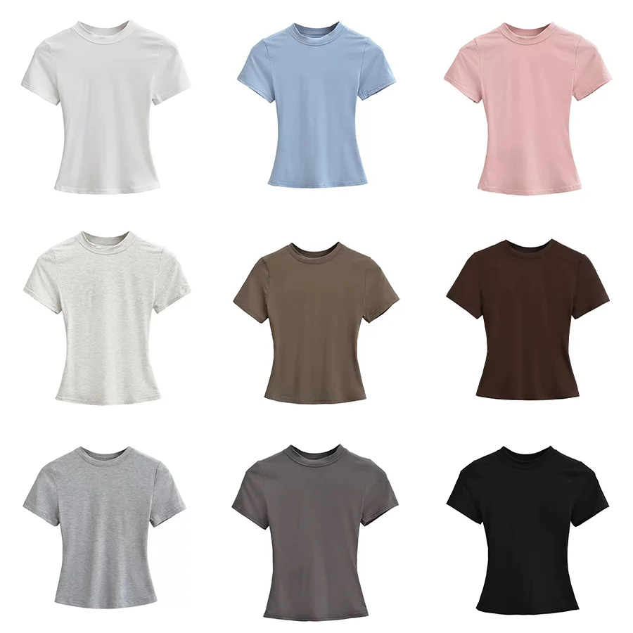 Summer Sexy Women Short-sleeve T-shirt Slim Elastic Skinny Crop Tops Fashion Trend Solid O-neck Ladies Clothing Casual Pullover