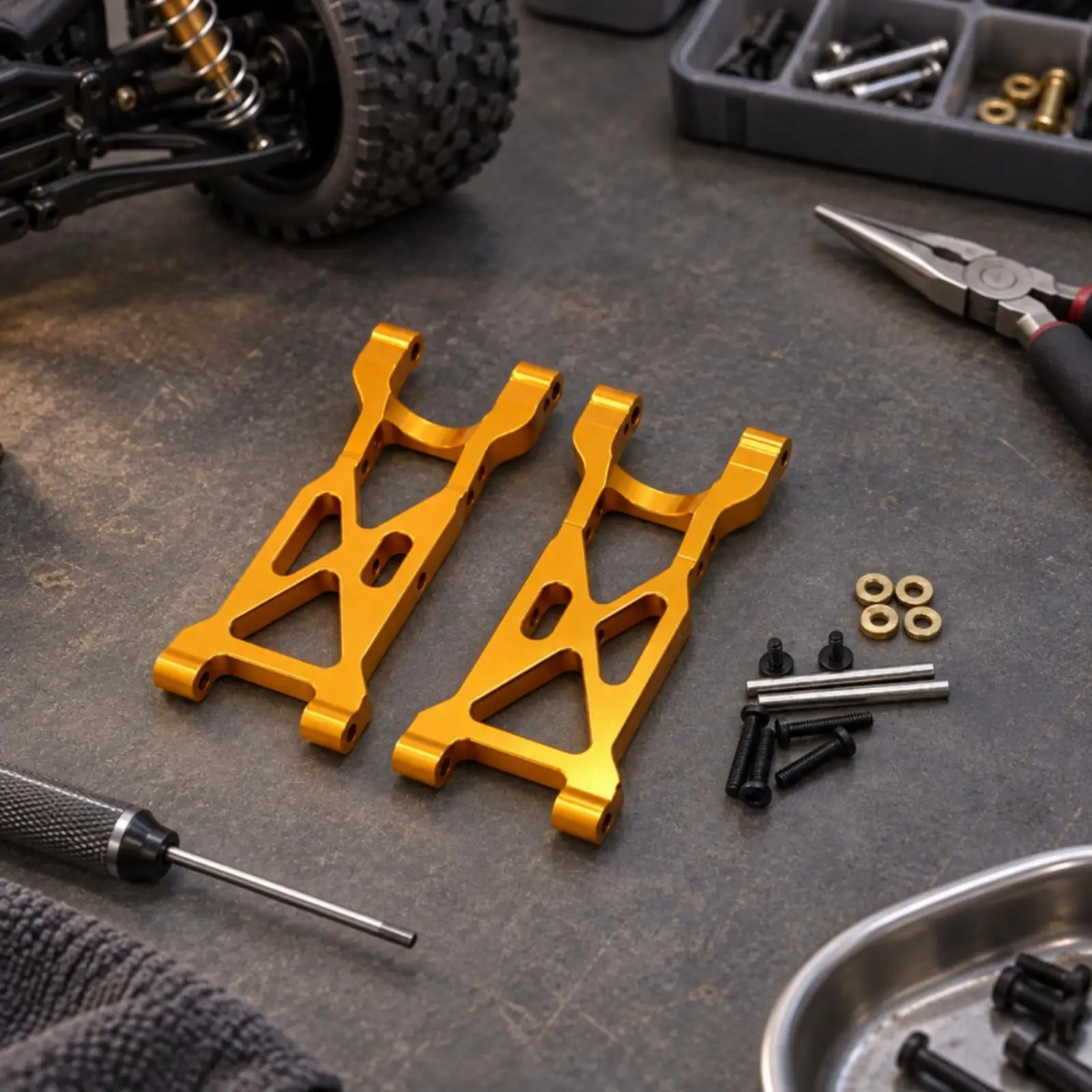 RC Car Parts Metal Rear Swing Arm Damping Arm for 1 10 Scale Chassis Assembly with Cylindrical Mounting Points and Hardware Set