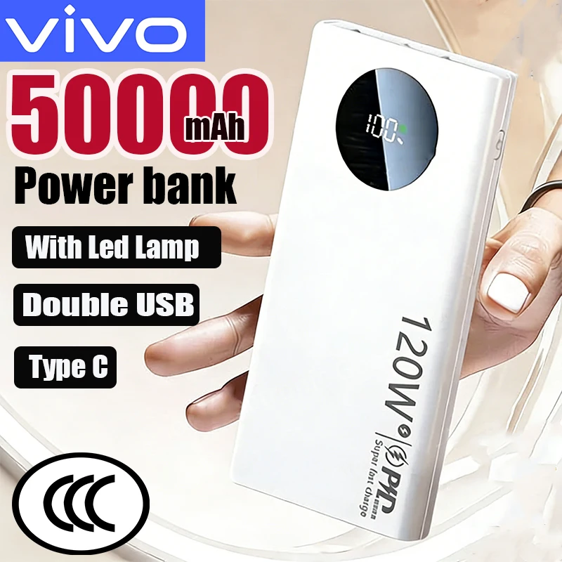 

Внешний аккумулятор VIVO 50000 мАч, быстрая зарядка 120 Вт, портативное зарядное устройство большой емкости для iPhone, Samsung, Huawei, новинка 2026 года