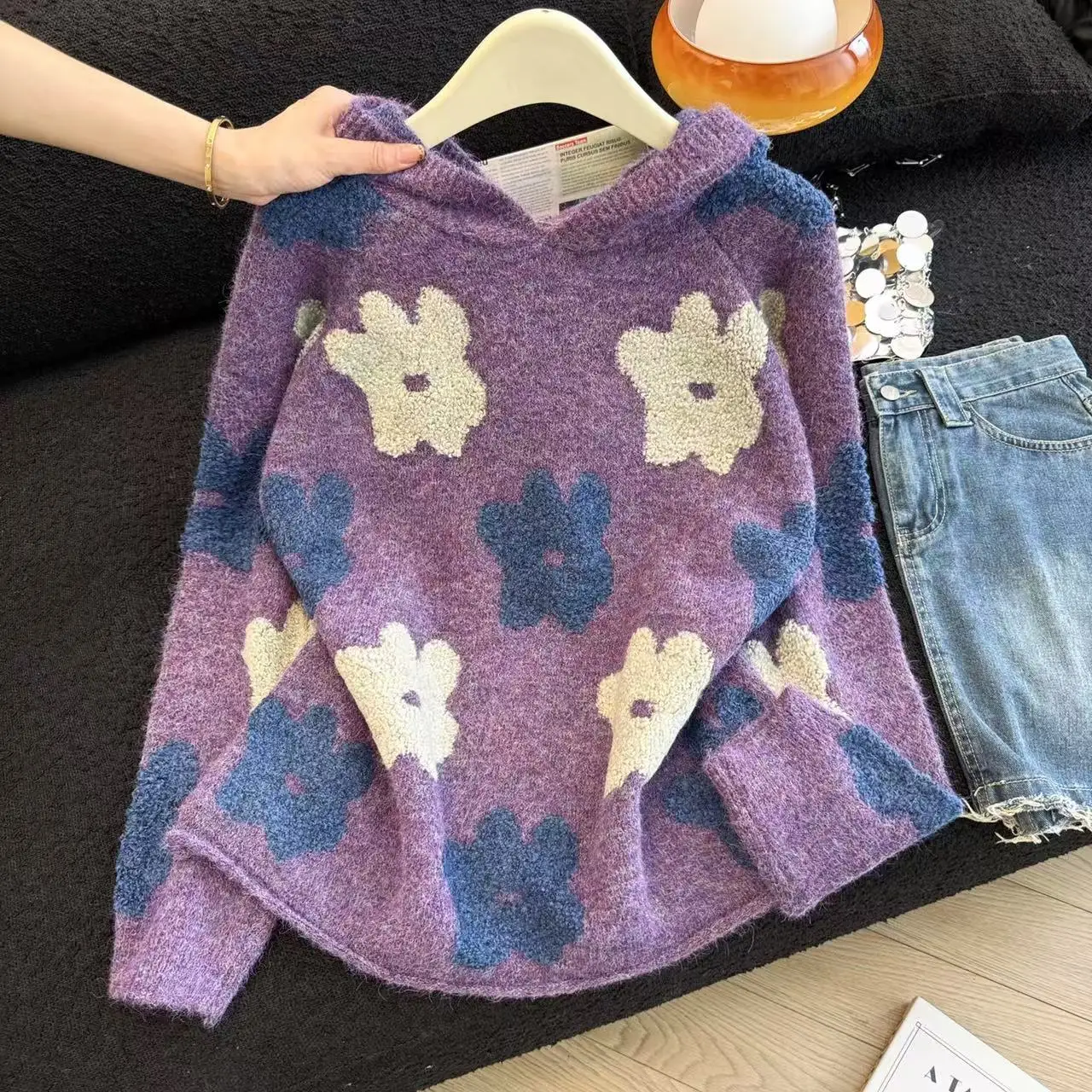 Frauen Lila Strickpullover Hoodie Pullover 2000er Jahre Vintage Lange Ärmel Gemütlicher Kaschmirpullover Für Frauen Kleidung Frühling Herbst 2025