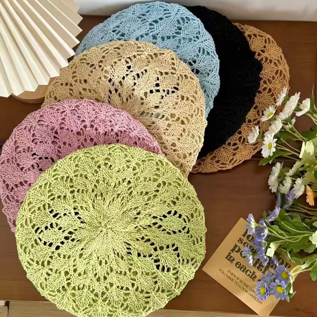 

New 6 Colors Hollow Breathable Summer Beret Hat For Women Outdoor Fashion Sunshade Female Painter Cap Solid Cool Bonnets Gift