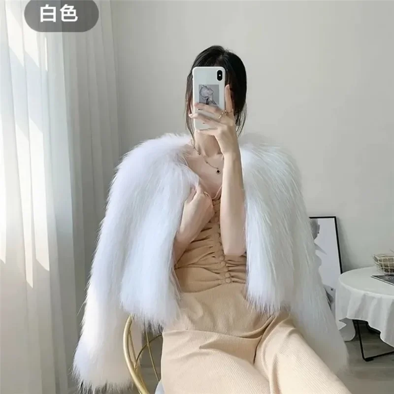 Women Faux Fur Coat Solid V Neck Short Cardigan Autumn Winter Clothes New Korean Fashion Long Sleeve Abrigo Mujer