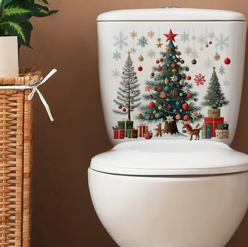 Christmas Tree Reindeer and Hanging Star Pattern PVC Material Home Wall Bathroom Toilet Lid Decorative Sticker,Toilet Stickers