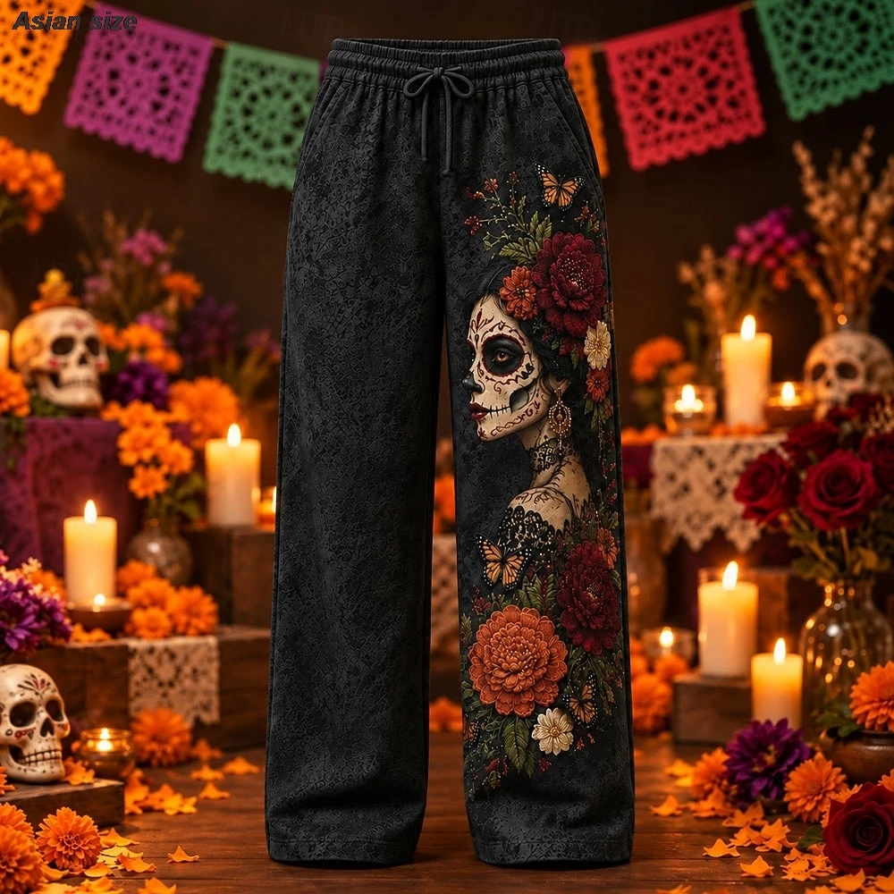 Day of The Dead Sugar Skull Lady Floral Print Men Wide Leg Pants Drawstring Casual Holiday Trousers