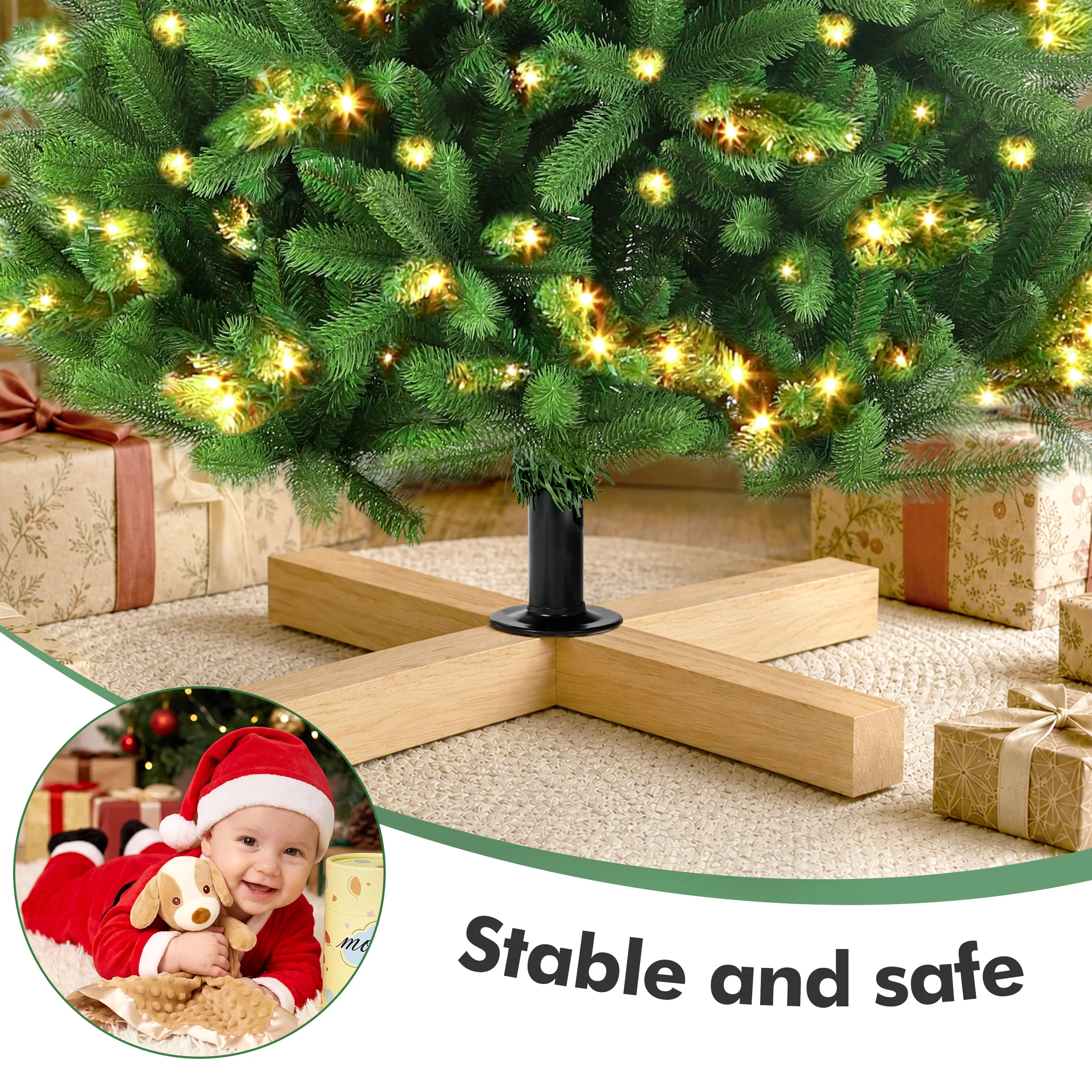 Vorgefertigter künstlicher Weihnachtsbaum mit gemischten PE- und PVC-Zweigen, warmweißes LED-Licht, flammhemmende, geruchlose Spitzen, Holzständer, 180/210/235 cm, vollständig wiederverwendbarer Weihnachtsbaum für Heim-, Büro- und Partydekoration. – Detail 4
