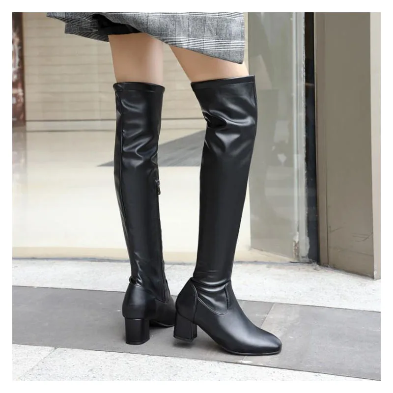 2021 Fashion Knee High Boots Women Winter Boots Square Loe Heel Long Boots Square Toe Zipper Autumn Female Boots Black White