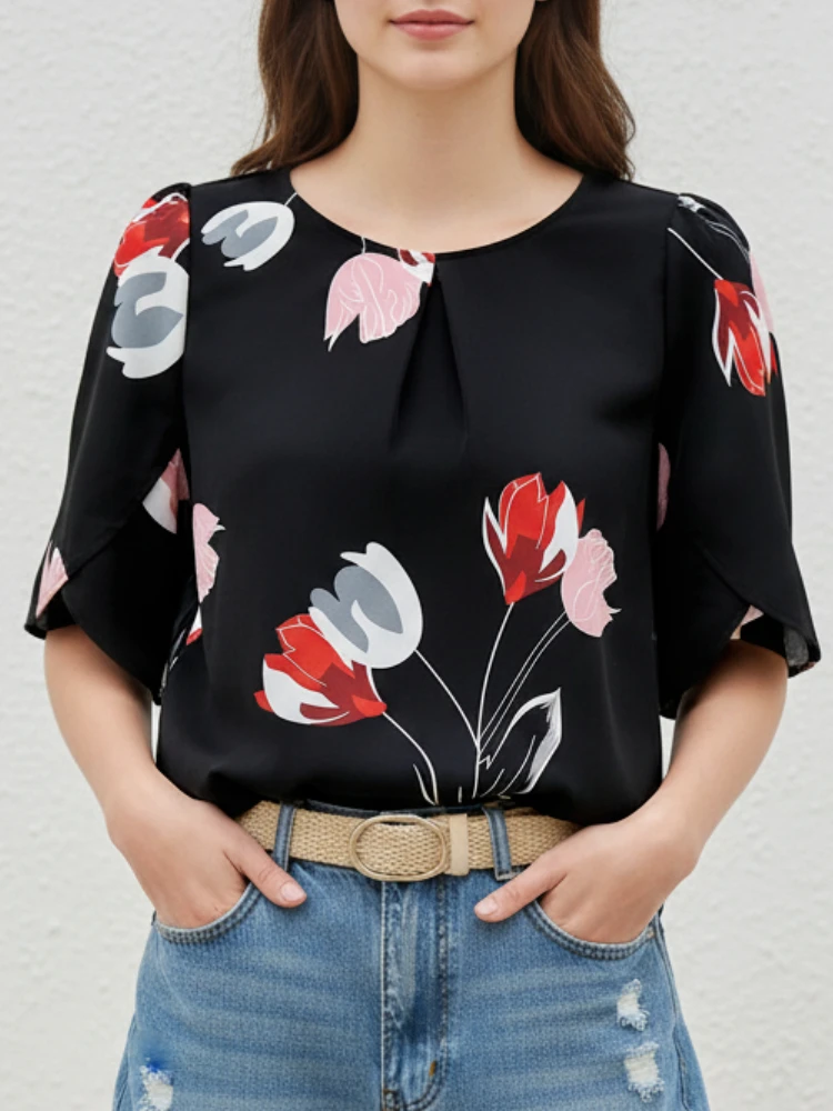

ZANZEA Women Fashion Floral Printing Blouses Elegant O-Neck Half Petal Sleeve Tops Fall 2025 New Everyday Wear Woman Clothing