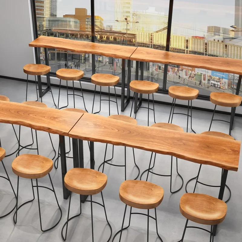 Nordic solid wood bar table, modern and simple, high legged table and chair against the wall, leisure bar, coffee shop, long tab