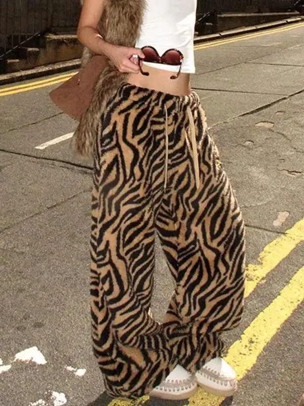 Caramel Tiger Print Retro Casual Pants Women Winter Pear Shape Lazy Style Double Sided Fleece Thick Warmth Sports Wide Leg Lo...