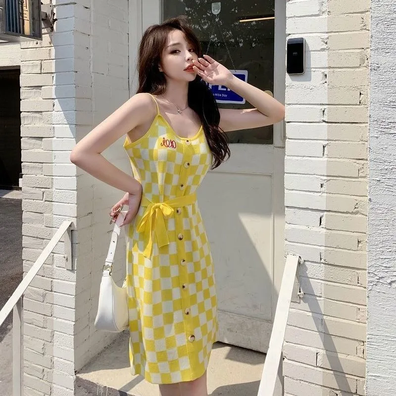 

Women Yellow Grid Temperament Elegant Dresses Summer Fashion Strap Chic Embroidery Single Breasted Pullovers Dress