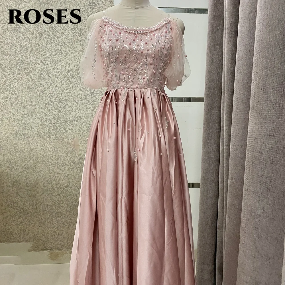 ROSES Pink Elegant Off The Shoulder Evening Dresses for Woman Shiny Sequins Prom Dress with Pearl Sexy Lace High Slit Ball Gown