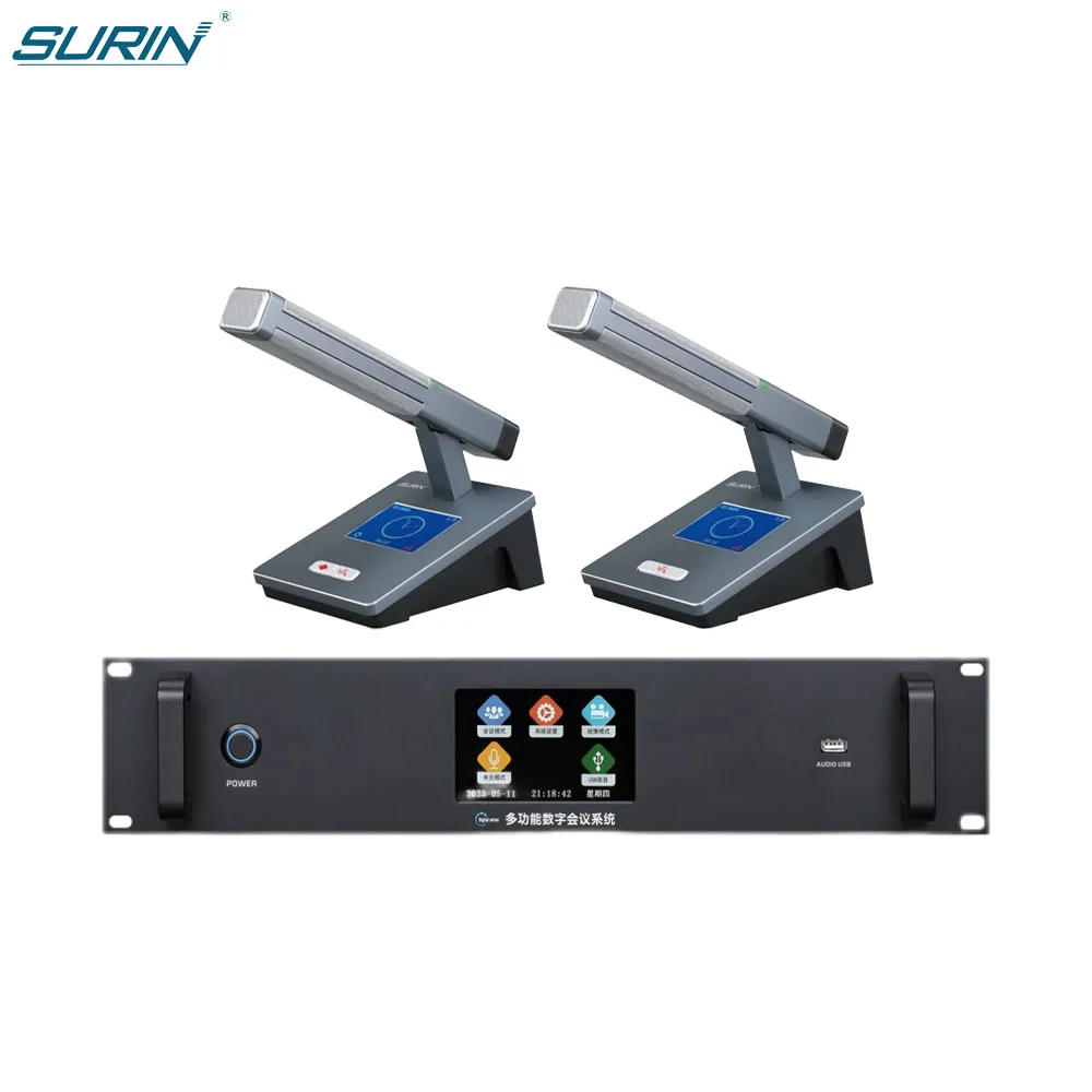 SURIN Wired Conference System Kit: 1 Host + 2 Mics, 4.5'' Touchscreen 64bit DSP, Square Tube & Gooseneck, Meeting Room S-8900