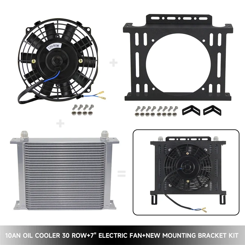 

30 Row Transmission AN10 7/8"-14 UNF Oil Cooler + 7" Electric Fan Kit with New Type Mounting Bracket Kit Universal Aluminum