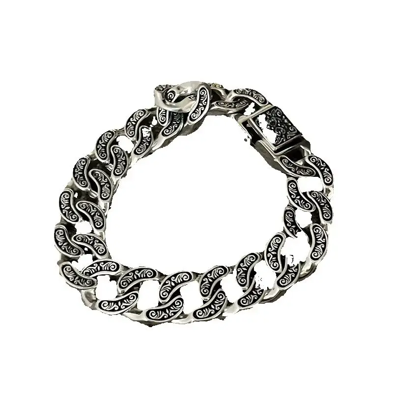 OUYADI S925 Sterling Silver Heavy Vintage Paisley Engraved Cuban Link Men Bracelet Retro Distressed High-end Jewelry Gift