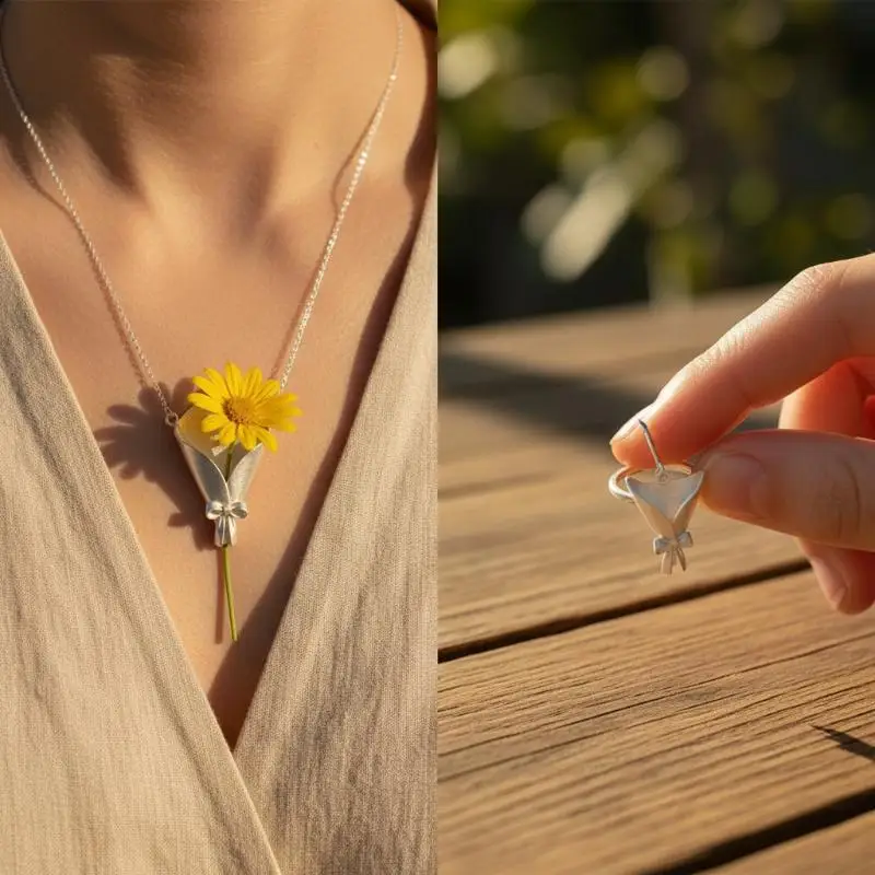 Bouquet Wrapping Necklace Floral Inserted Earrings Rings Set Jewelry for Banquet Event Special Present