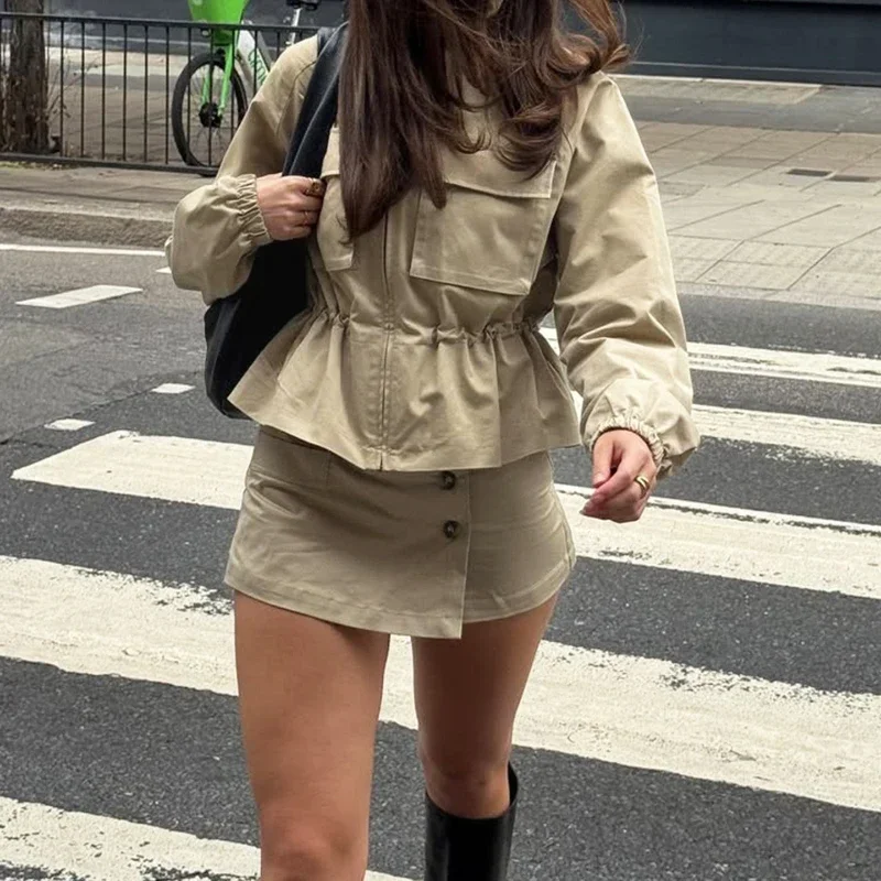 

Cargo Pocket Zipper Coat Women's Drawstring Waist Stand Collar Splicing Workwear Fashion Jacket Fall Retro Streetwear New