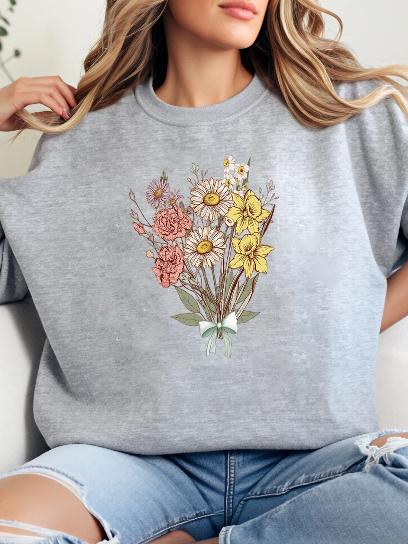 

Floral Bouquet Print Crewneck Sweatshirt Mother's Day Casual Top Women's Daily Wear Plus-Size