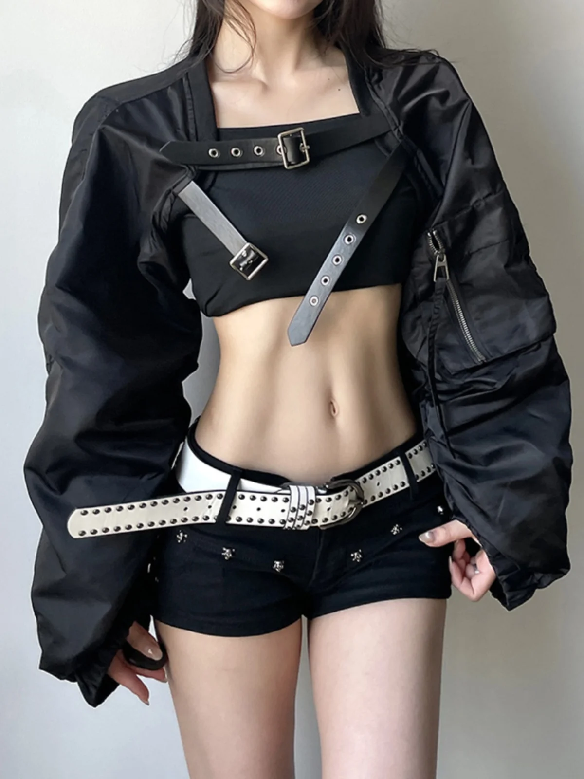 Autumn Harajuku Gothic Jackets Women Streetwear Cyber Punk Grunge Hollow Out Long Sleeve Hooded Crop Coats Vintage Rave Outfits