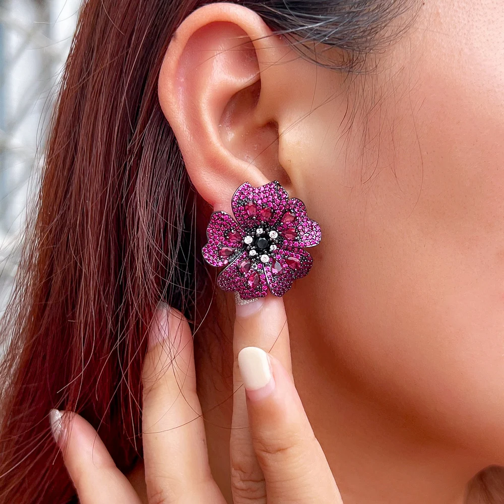 ThreeGraces Luxury Rose Red Cubic Zirconia Big Flower Stud Earrings for Women Fashion Elegant Daily Party Costume Jewelry E1905