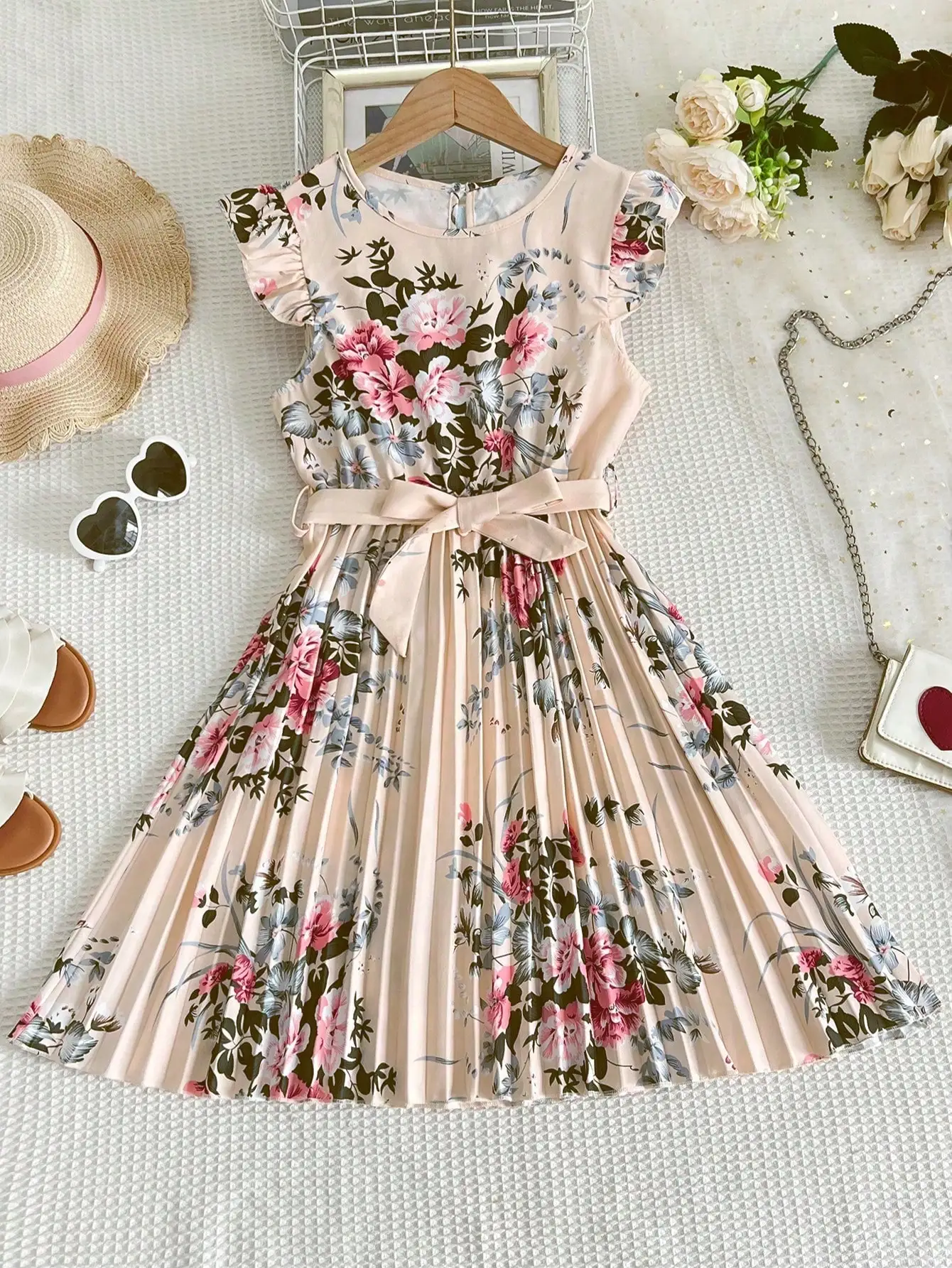 Girl's retro elegant printed lotus sleeve mid length dress+belt, elegant pleated princess dress, can be used as a gift   1