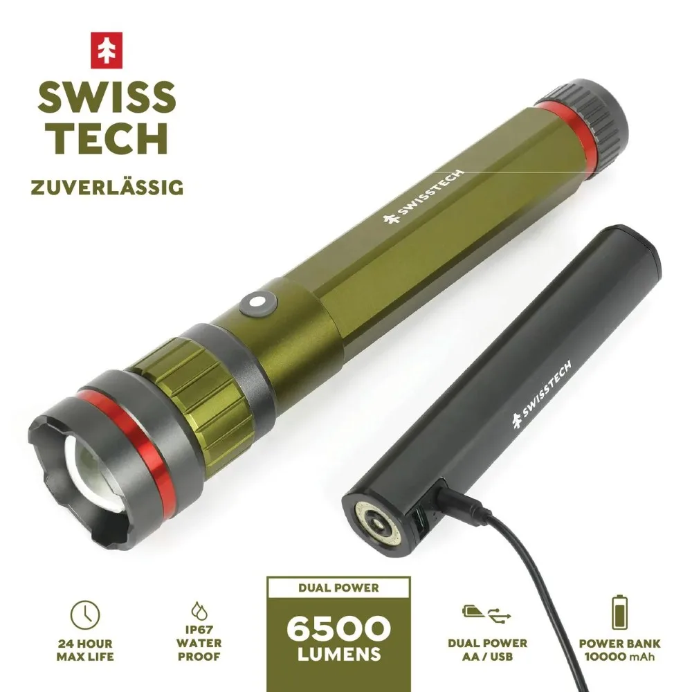 6500 Lumen LED Flashlight Rechargeable Dual Power AA/USB, Charging Bank, IP67 Waterproof