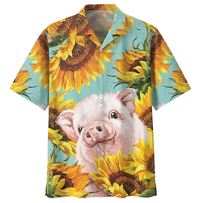 Cartoon Pig Pattern Hawaiian Shirt For Men 3D Printed Animals Short Sleeves Summer Lapel Oversized Shirts Street Button Blouses