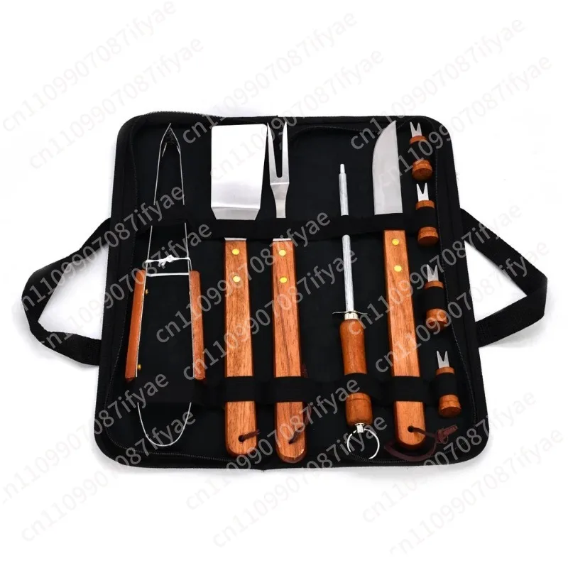 Stainless steel wooden handle grill outdoor picnic tool set home barbecue combination cloth bag set