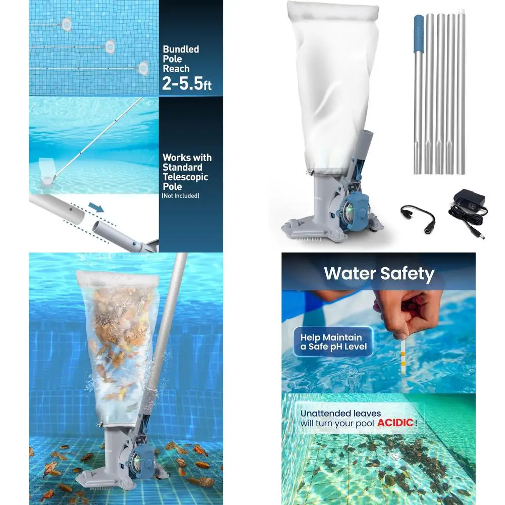 Medium-Duty Rechargeable Pool Vacuum Cleaner, 75-Minute Runtime, Oversized Leaf and Debris Filter, Suitable for Inground and Abo