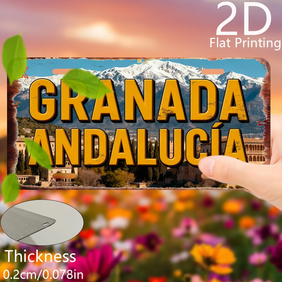 2D Flat, 1pc Granada Andalucia Vintage Spanish City Wall Art - 15.24x30.48cm Large Metal Poster - Alhambra & Sierra Nevada Mount