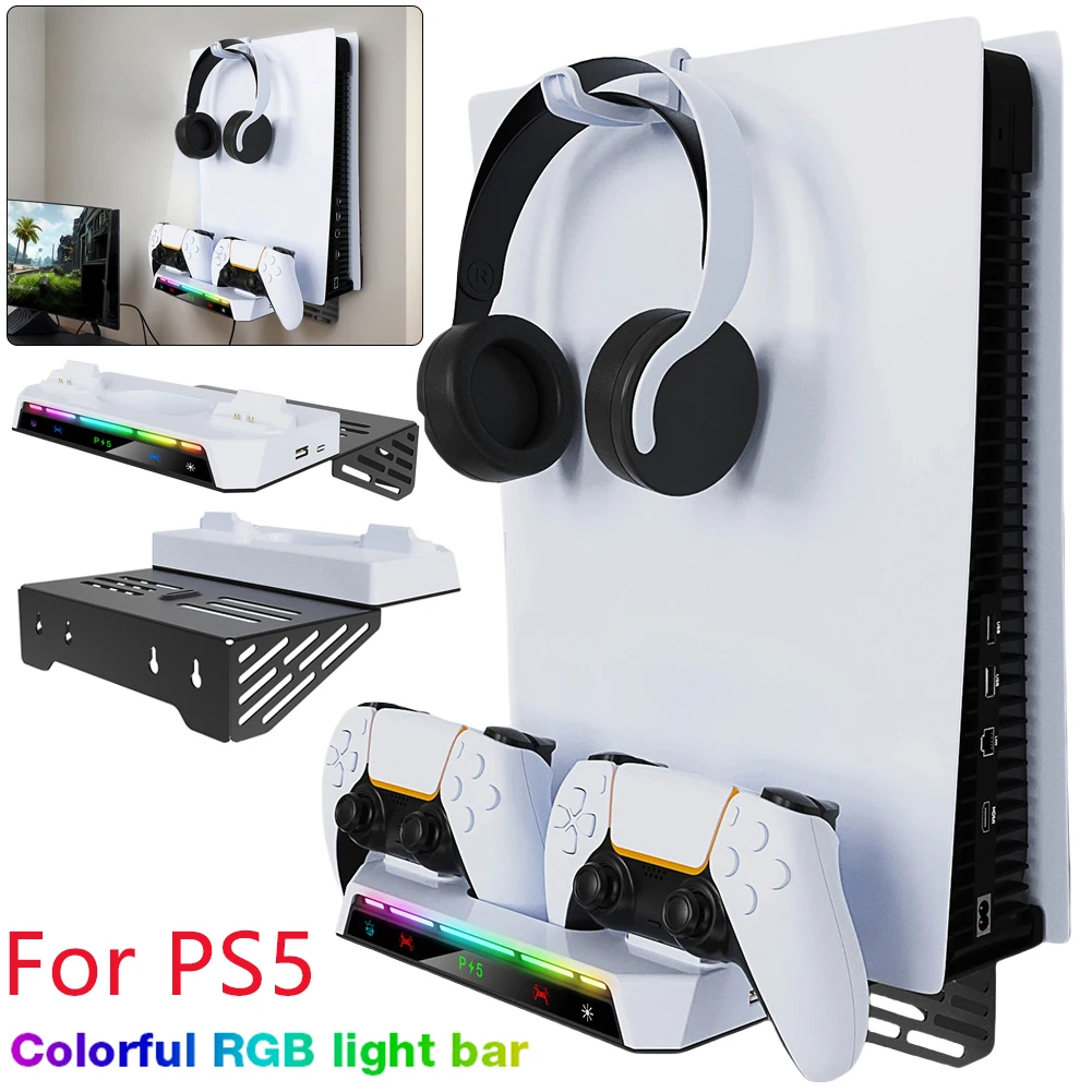 Wall Mount Kit For PS5 Controller Charging Dock Station RGB Light Shelf Floating Mount for PS5 Slim Consoles Disc & Digital