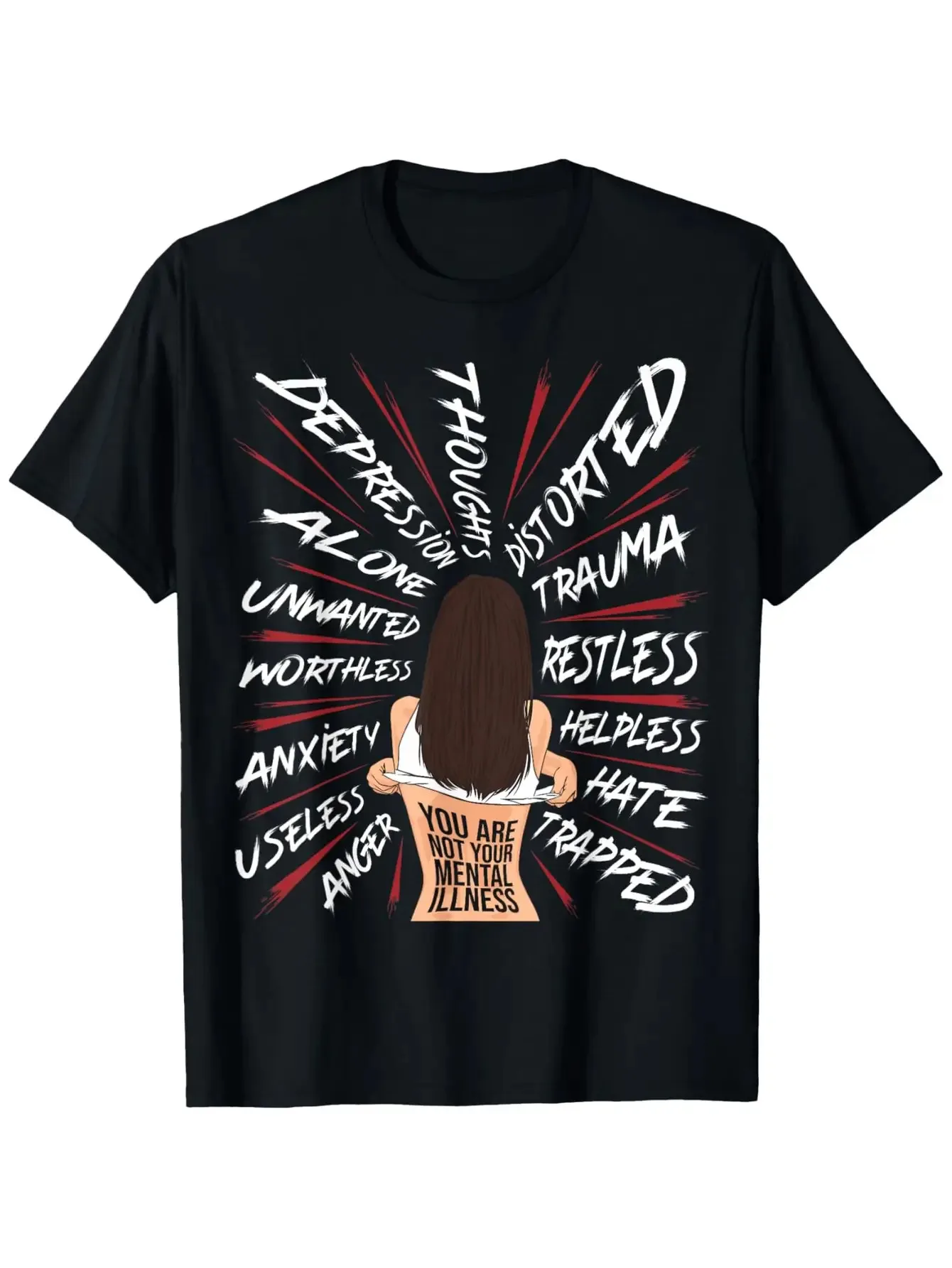 Men's Mental Health Awareness T-Shirt - Black Short Sleeve Slim Fit with,Depression,OCD & Bipolar Disorder Phrases