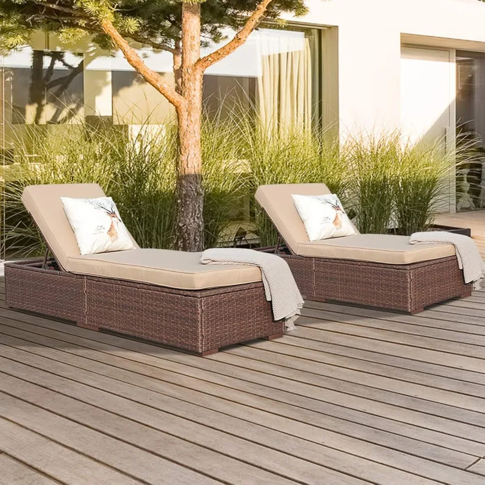 Outdoor Chaise Lounge Chair Set of 2, 2 Pieces All-Weather PE Wicker Patio Chairs Pool Lounge Chairs for Outside