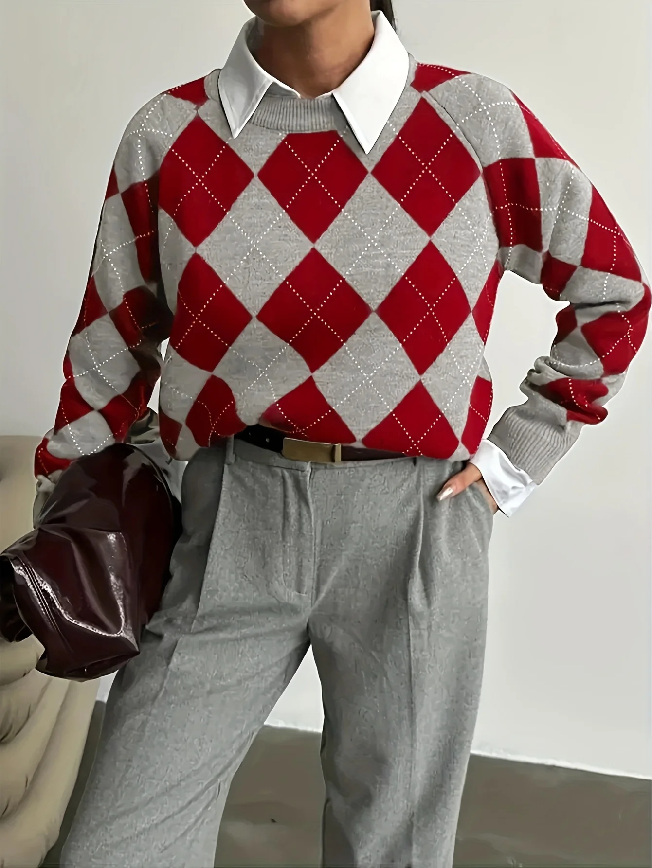 

Новый стильный, элегантный, простой, повседневный, повседневный, универсальный женский вязаный свитер с длинными рукавами и ромбовидным узором в стиле ретро