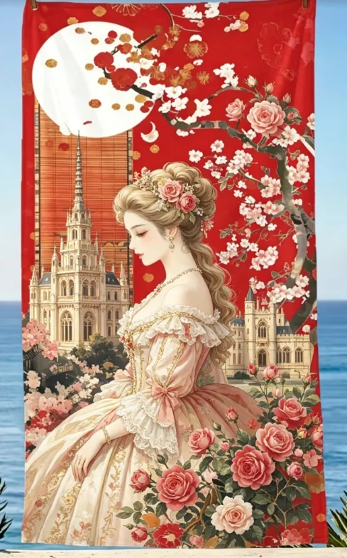 Japanese Geisha Cherry Blossom Beach Towel, Microfiber Large Sand Free Quick Dry, Traditional Ukiyo-e Art Print