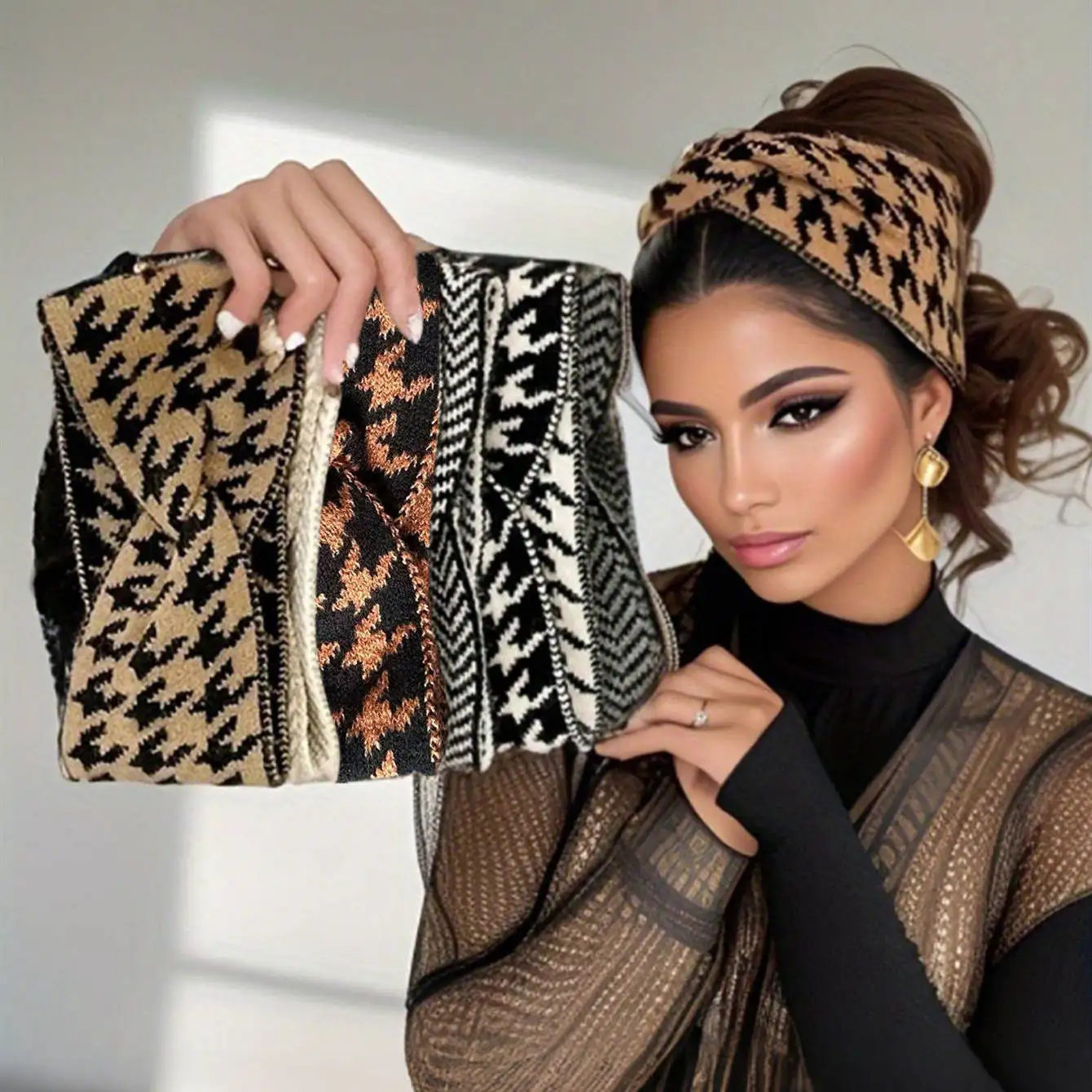 

5Pcs/Set Knitted Thousand Bird Pattern Fashion Headbands for Women Retro Warm High Elasticity Hair Accessories