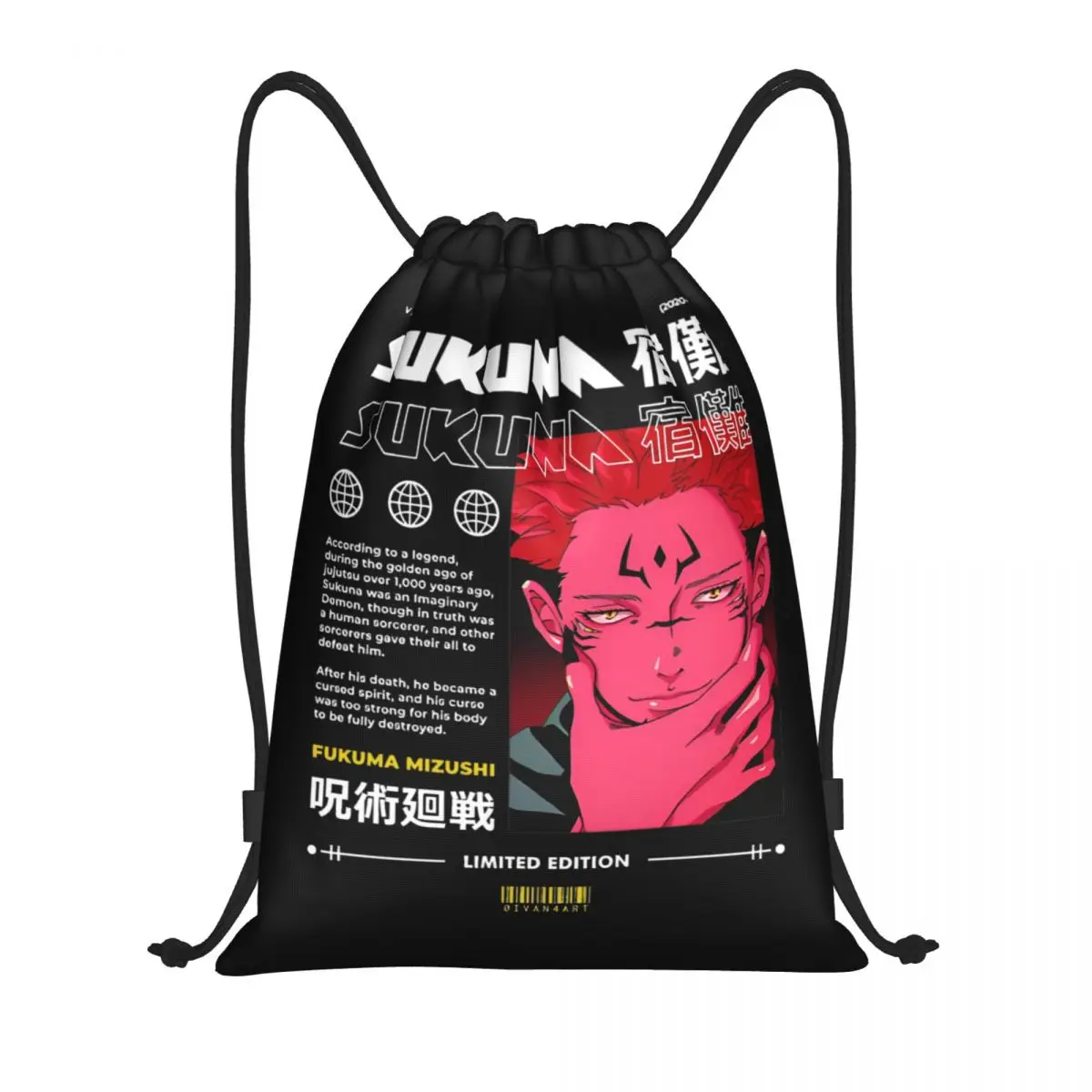 SUKUNA Jujutsu Kaisen Japanese Anime Drawstring Bags Sports Backpack Gym Sackpack Water Resistant String Bags for Exercise