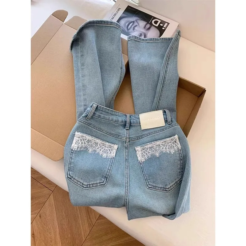 กางเกงยีนส์ขากว้างผู้หญิง แต่งลูกไม้ ยีนส์ขาดๆ เอวสูง ล้างสี มีกระเป๋า สไตล์วินเทจ สตรีทแวร์ ทรงหลวม ปี 2025