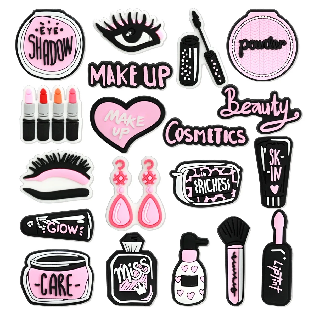 19-50Pcs Eye Shadow Lipstick PVC Shoe Charms Mix Cosmetics Woman Fashion Clog Button Decorations Fit Birthday Gift