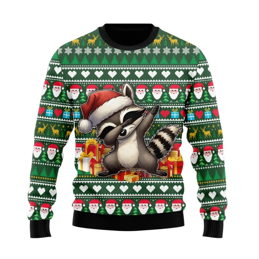 3D Print Mens Sweater Ugly Christmas Tops Funny Raccoon Graphic Pullover Crewneck Sweatshirts Casual Mens Designer Clothes Top