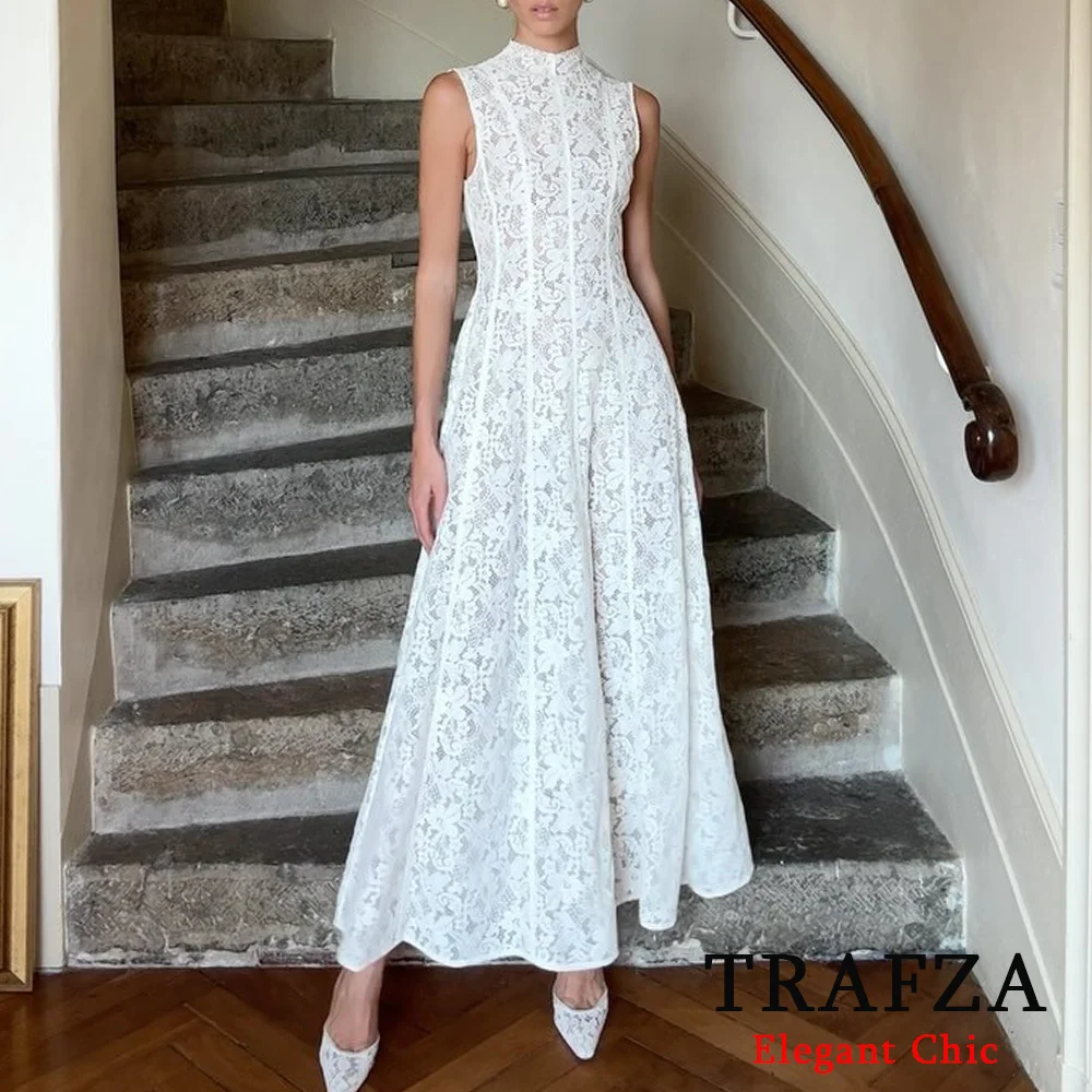 

TRAFZA Elegant Lace Tank Dress Women's White Flowers Dating Long Dress 2025 Summer Fashion Romantic Holiday Dinner Lady Dress