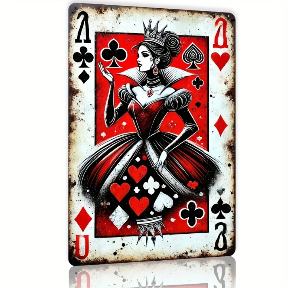 Queen of Hearts Tin Sign 2D Metal Wall Art with Poker Design for Bar Cafe Pub Garage Man Cave 8x12 Inch