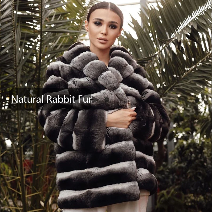 Chinchilla Color Fur Coat Women Real Rex Rabbit Fur Coat Hot Selling Women Warm Winter Jackets Short Fur Coat