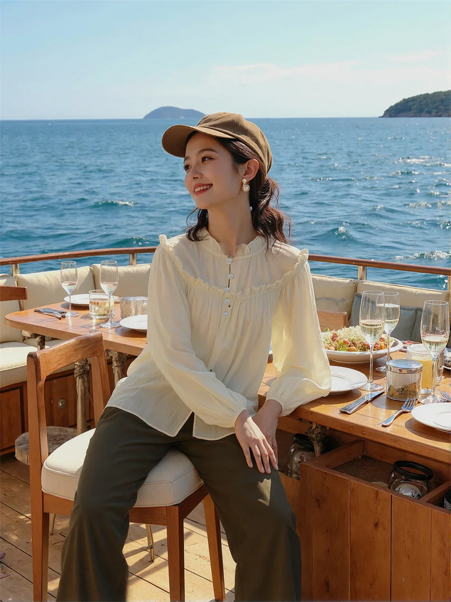 قمصان نسائية كم طويل فانوس المشمش Y2K أزياء الشارع الجمالية نمط بسيط أساسي الحد الأدنى زر الجبهة البلوزات القطنية