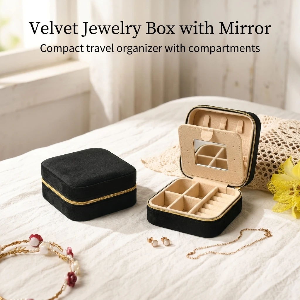 Portable Jewelry Organizer Case with Mirror Zipper Closure and Velvet Lining for Rings Earrings necklace display Travel storage