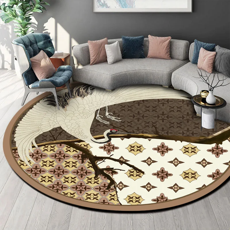 

New Chinese Style Retro Printing Chinese Style Flying Crane Brown Living Room Bedroom Anti-skid Round Mat Carpet