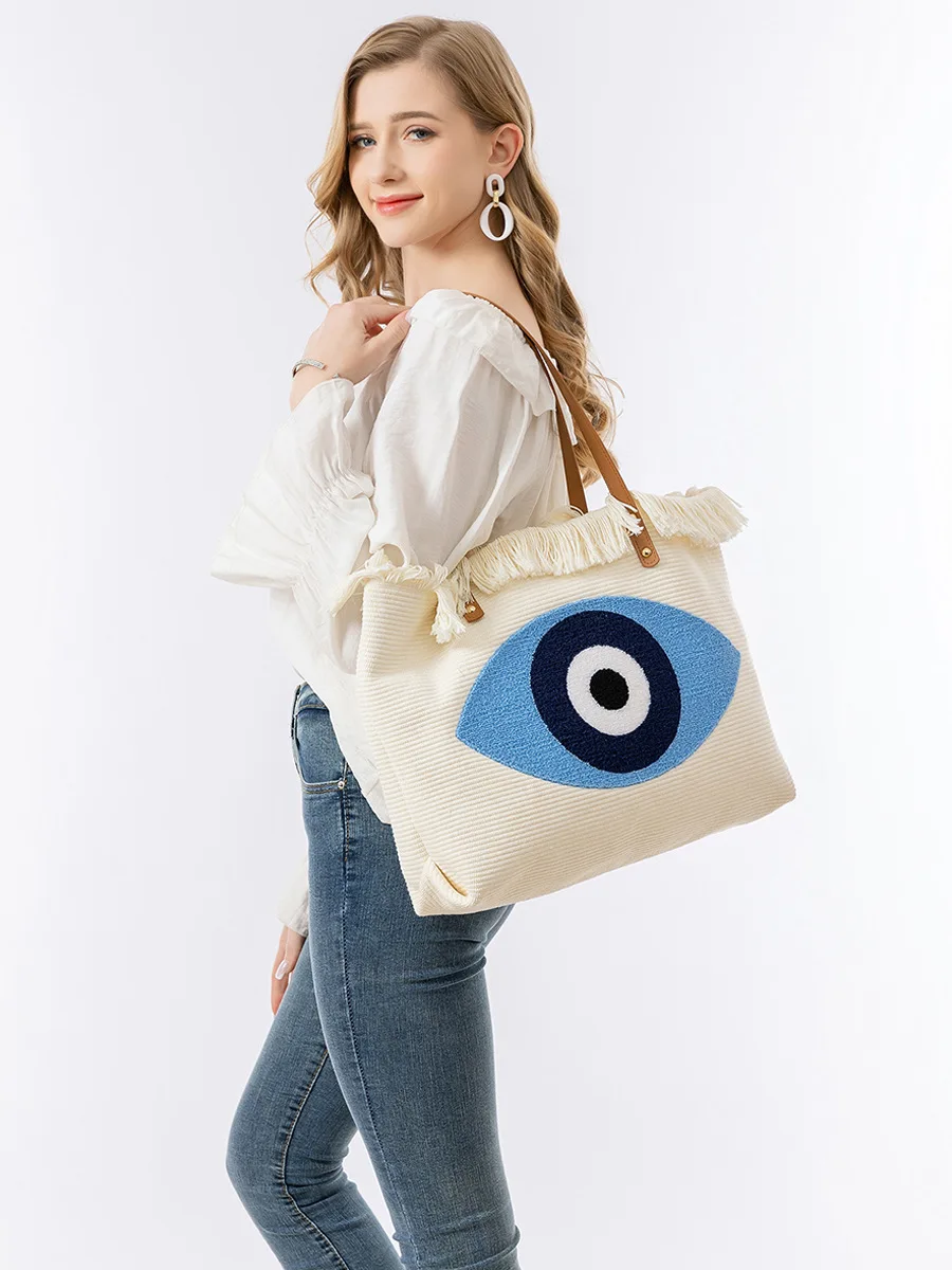 

Fashion Women's Tassel Handbag Towel Embroidered Eye Large Capacity Tote Shopper Travel Bag Beach Bag Shoulder Bag